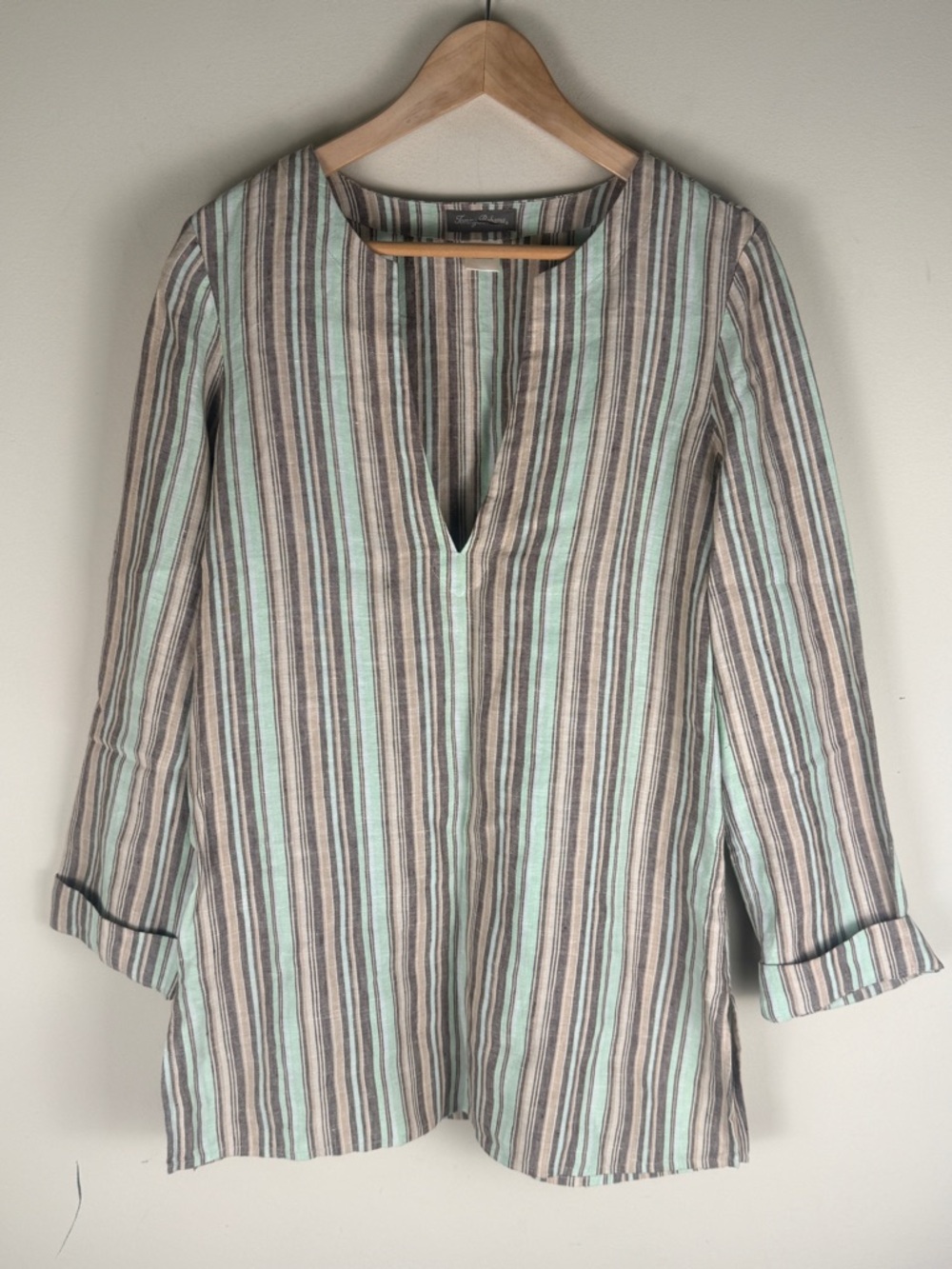 Tommy Bahama Top Womens Med Multicolor Linen Stripe Tunic V Neck 3/4 Sleeve Boho